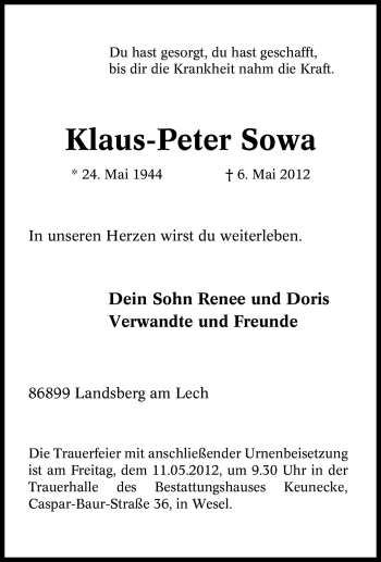 Traueranzeige von Klaus-Peter Sowa von Tageszeitung