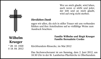 Traueranzeige von Wilhelm Krueger von Tageszeitung