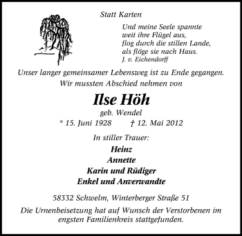 Traueranzeige von Ilse Höh von Tageszeitung
