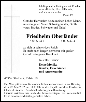 Traueranzeige von Friedhelm Oberländer von Tageszeitung
