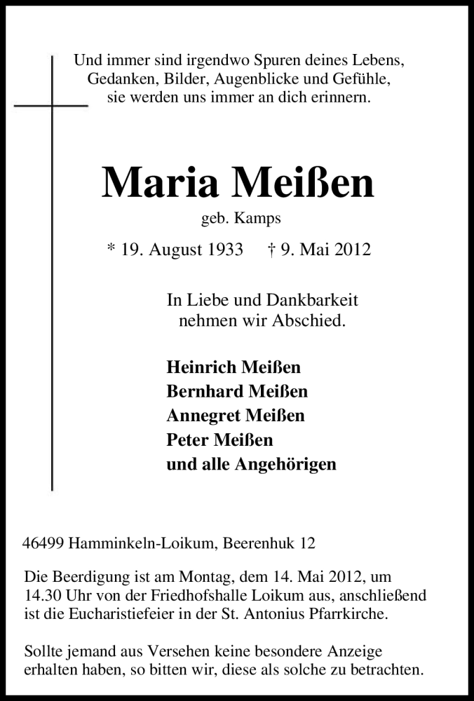  Traueranzeige für Maria Meißen vom 11.05.2012 aus Tageszeitung