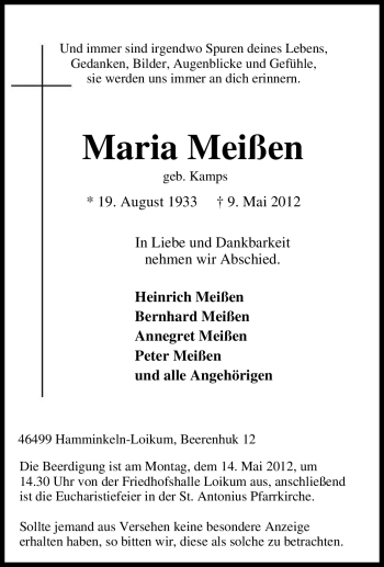 Traueranzeige von Maria Meißen von Tageszeitung