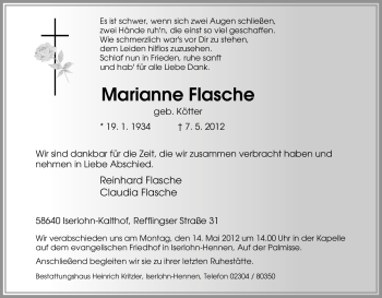 Traueranzeige von Marianne Flasche von Tageszeitung