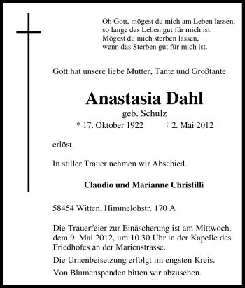 Traueranzeige von Anastasia Dahl von Tageszeitung