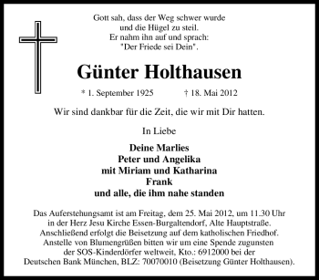 Traueranzeige von Günter Holthausen von Tageszeitung