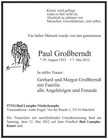 Traueranzeige von Paul Großberndt von Tageszeitung