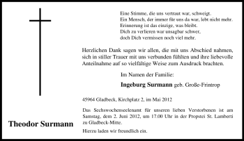 Traueranzeige von Theodor Surmann von Tageszeitung