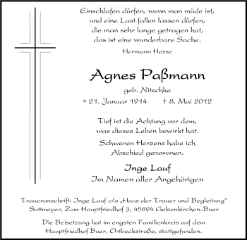 Traueranzeige von Agnes Paßmann von Tageszeitung