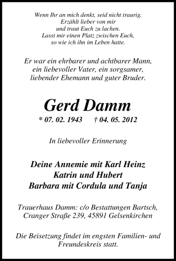 Traueranzeige von Gerd Damm von Tageszeitung