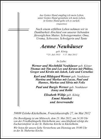 Traueranzeige von Aenne Neuhäuser von Tageszeitung