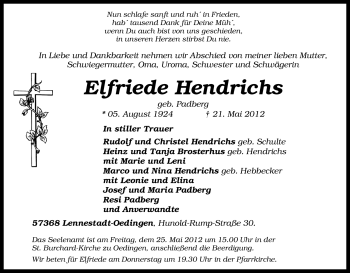 Traueranzeige von Elfriede Hendrichs von Tageszeitung