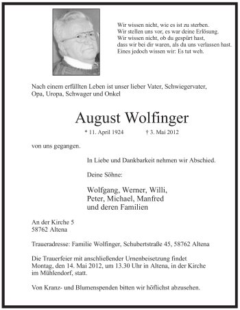 Traueranzeige von August Wolfinger von Tageszeitung