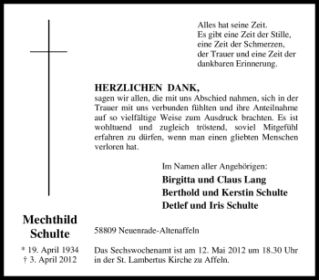 Traueranzeige von Mechthild Schulte von Tageszeitung