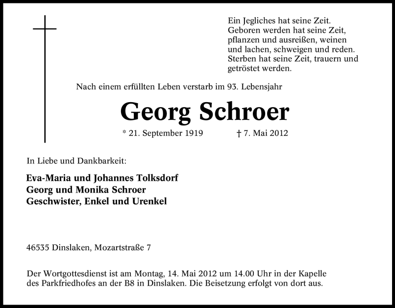  Traueranzeige für Georg Schroer vom 10.05.2012 aus Tageszeitung
