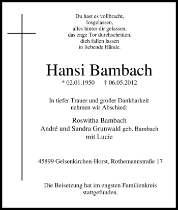 Traueranzeige von Hansi Bambach von Tageszeitung