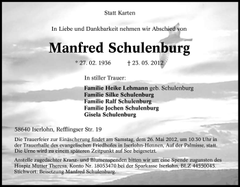Traueranzeige von Manfred Schulenburg von Tageszeitung