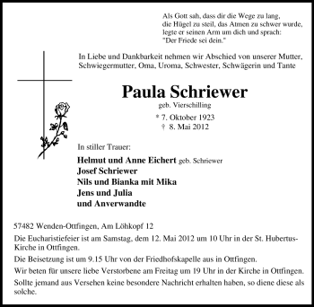 Traueranzeige von Paula Schriewer von Tageszeitung