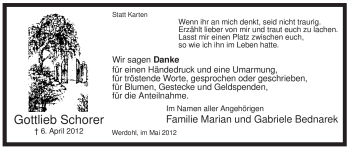 Traueranzeige von Gottlieb Schorer von Tageszeitung