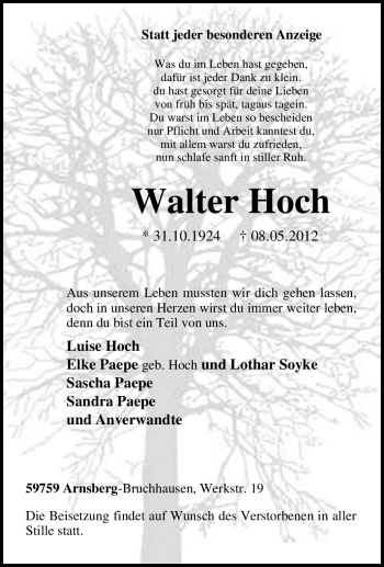Traueranzeige von Walter Hoch von Tageszeitung