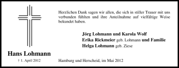 Traueranzeige von Hans Lohmann von Tageszeitung
