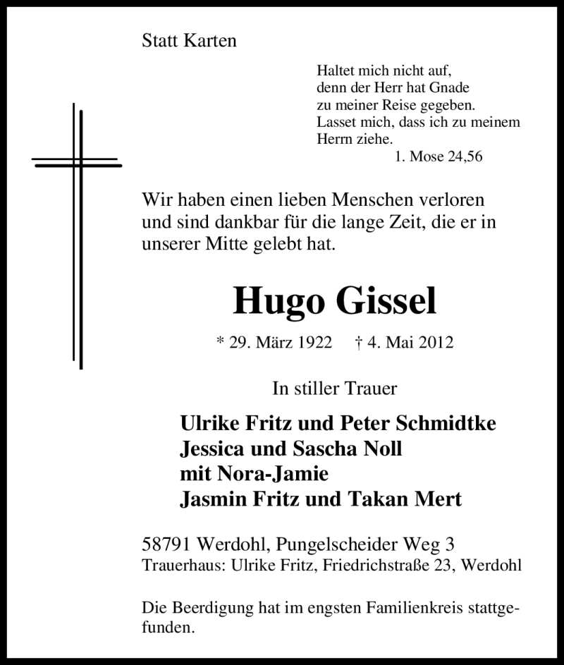  Traueranzeige für Hugo Gissel vom 10.05.2012 aus Tageszeitung
