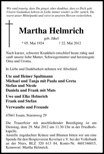 Traueranzeige von Martha Helmrich von Tageszeitung