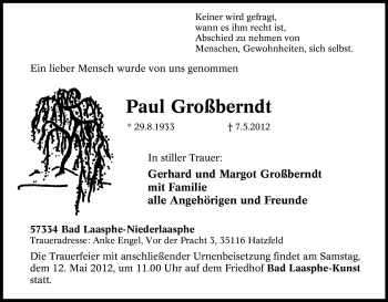 Traueranzeige von Paul Großberndt von Tageszeitung