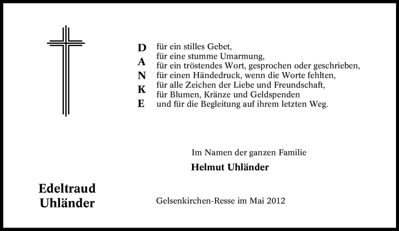  Traueranzeige für Edeltraud Uhländer vom 05.05.2012 aus Tageszeitung