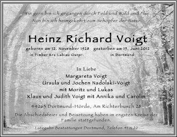 Traueranzeige von Heinz Richard Voigt von Tageszeitung
