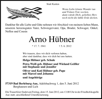 Traueranzeige von Arno Hübner von Tageszeitung