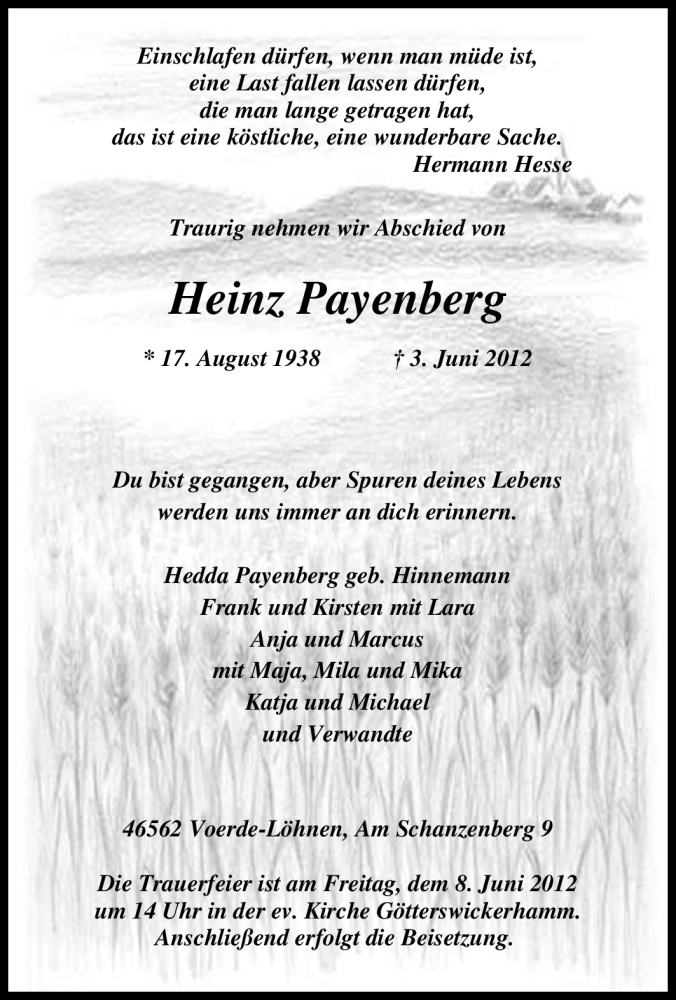  Traueranzeige für Heinz Payenberg vom 05.06.2012 aus Tageszeitung