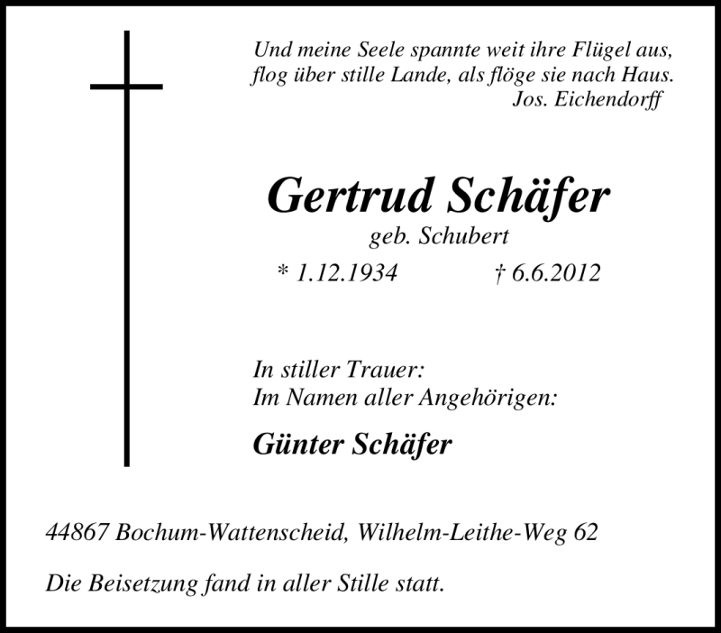  Traueranzeige für Gertrud Schäfer vom 16.06.2012 aus Tageszeitung