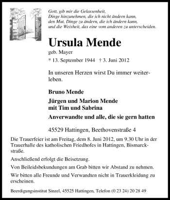 Traueranzeige von Ursula Mende von Tageszeitung