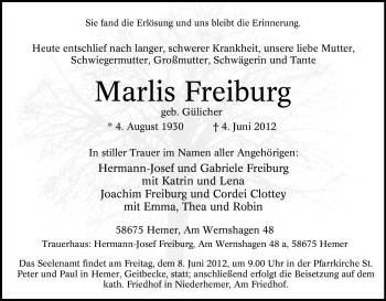 Traueranzeige von Marlis Freiburg von Tageszeitung