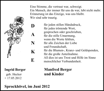 Traueranzeige von Ingrid Berger von Tageszeitung