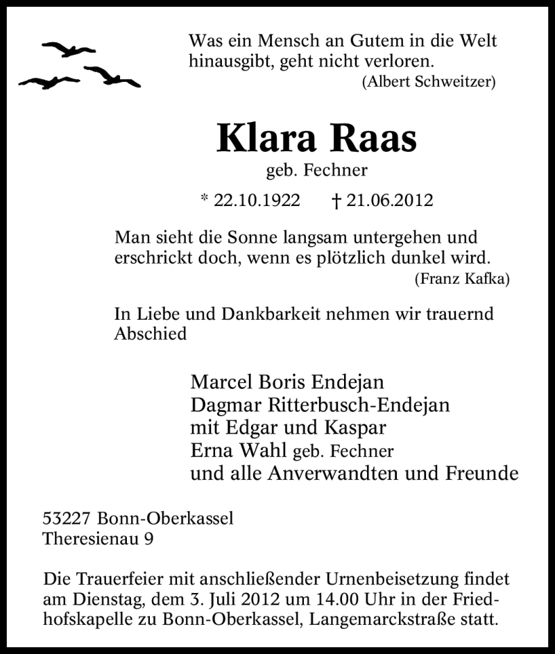  Traueranzeige für Klara Raas vom 30.06.2012 aus Tageszeitung
