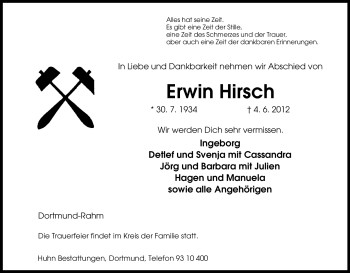 Traueranzeige von Erwin Hirsch von Tageszeitung