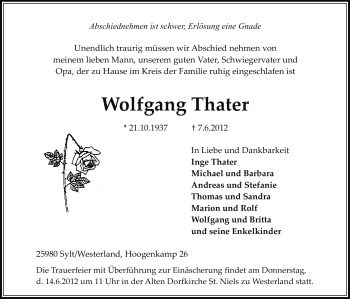 Traueranzeige von Wolfgang Thater von Tageszeitung