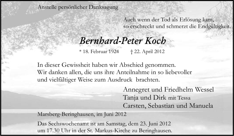  Traueranzeige für Bernhard-Peter Koch vom 16.06.2012 aus Tageszeitung