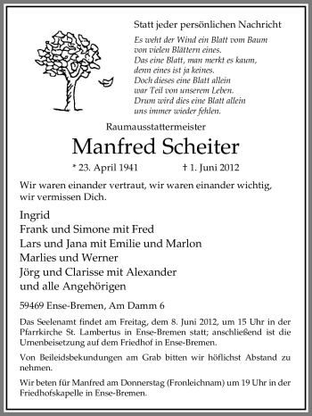 Traueranzeige von Manfred Scheiter von Tageszeitung