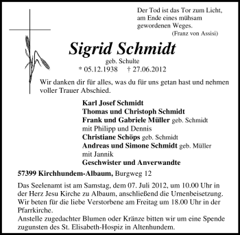 Traueranzeige von Sigrid Schmidt von Tageszeitung