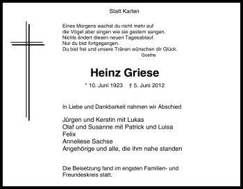 Traueranzeige von Heinz Griese von Tageszeitung