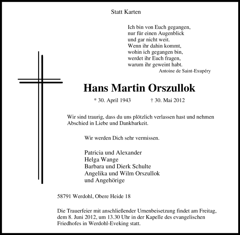  Traueranzeige für Hans Martin Orszullok vom 02.06.2012 aus Tageszeitung