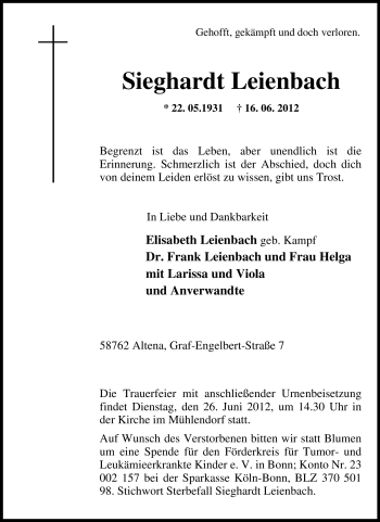 Traueranzeige von Sieghardt Leienbach von Tageszeitung