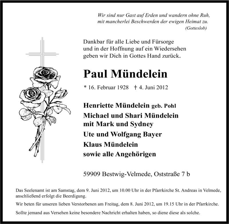  Traueranzeige für Paul Mündelein vom 06.06.2012 aus Tageszeitung