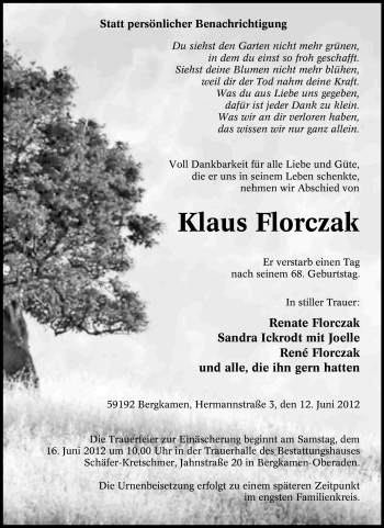 Traueranzeige von Klaus Florczak von Tageszeitung