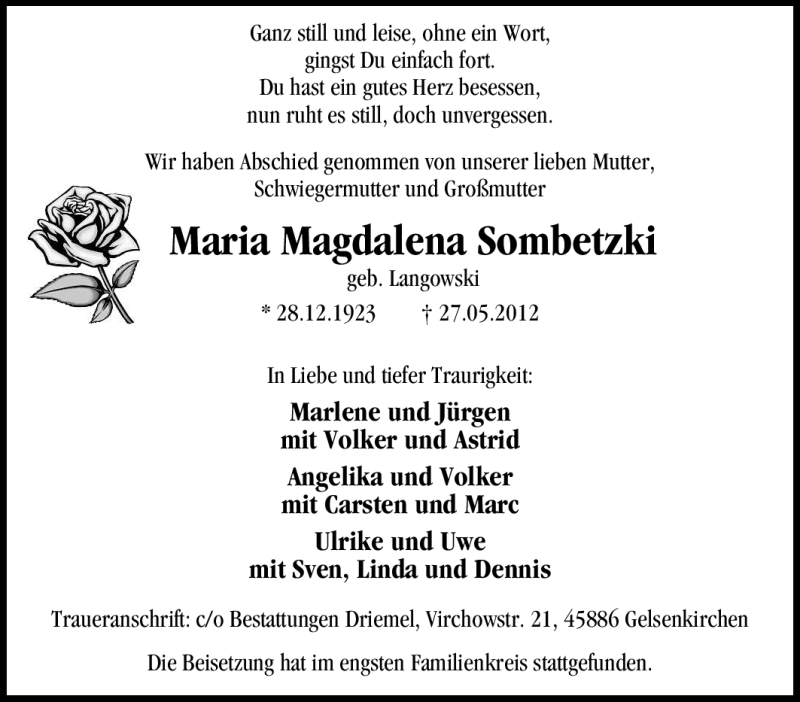  Traueranzeige für Maria Magdalena Sombetzki vom 05.06.2012 aus Tageszeitung