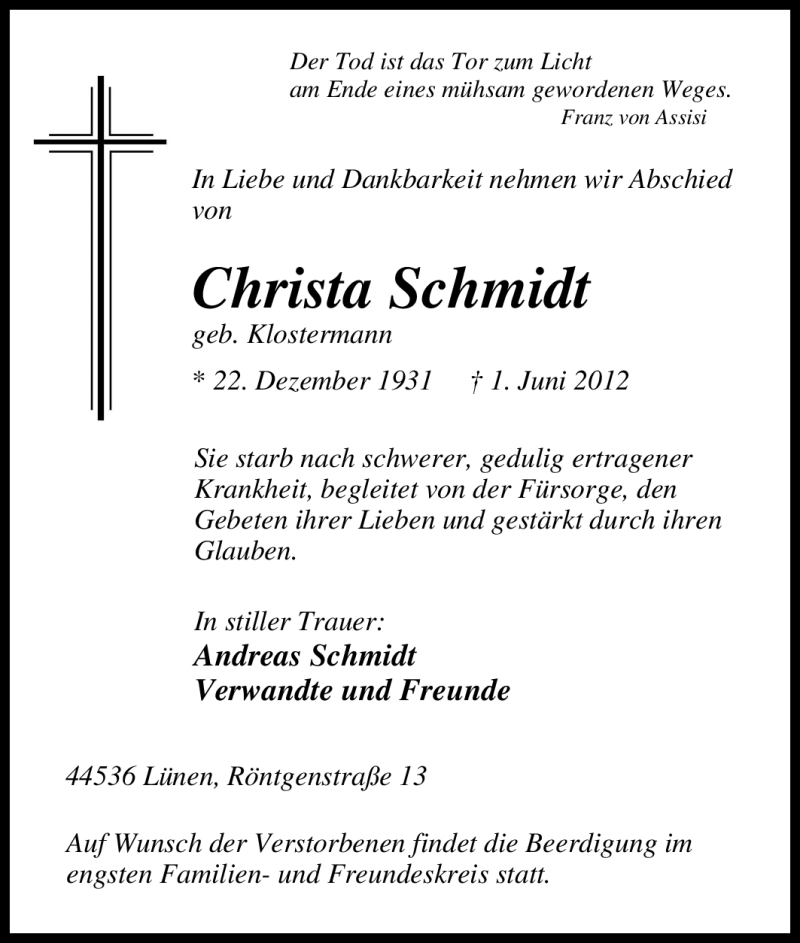  Traueranzeige für Christa Schmidt vom 06.06.2012 aus Tageszeitung