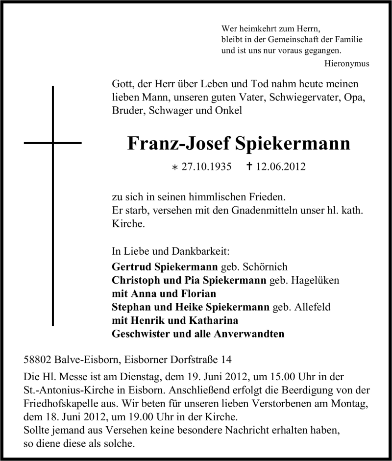  Traueranzeige für Franz-Josef Spiekermann vom 13.06.2012 aus Tageszeitung