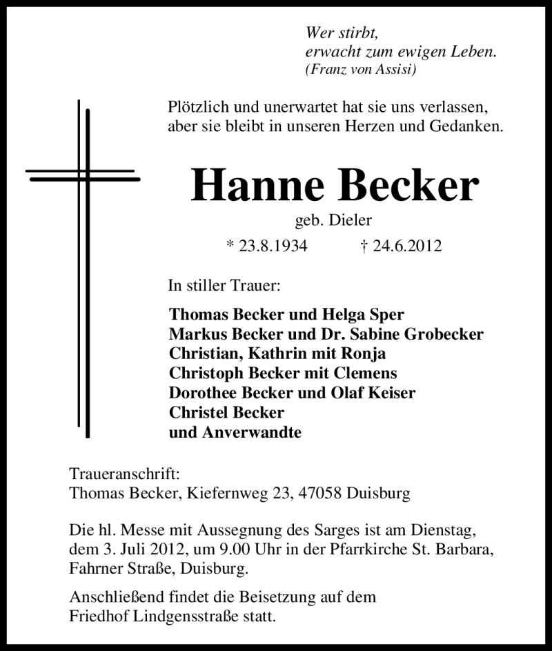 Traueranzeigen Von Hanne Becker Trauer In NRW De